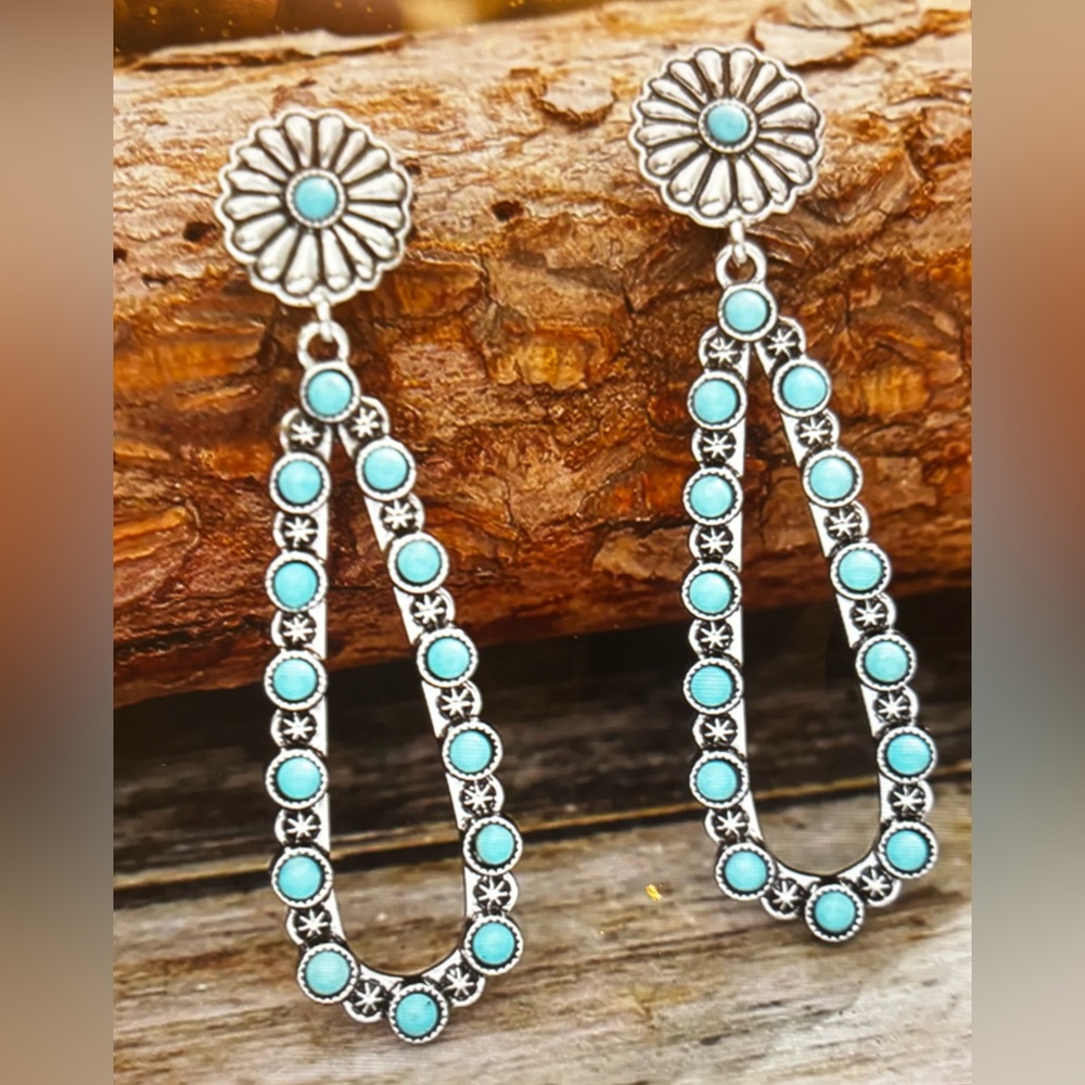 Turquoise Silver Floral Drop Earrings